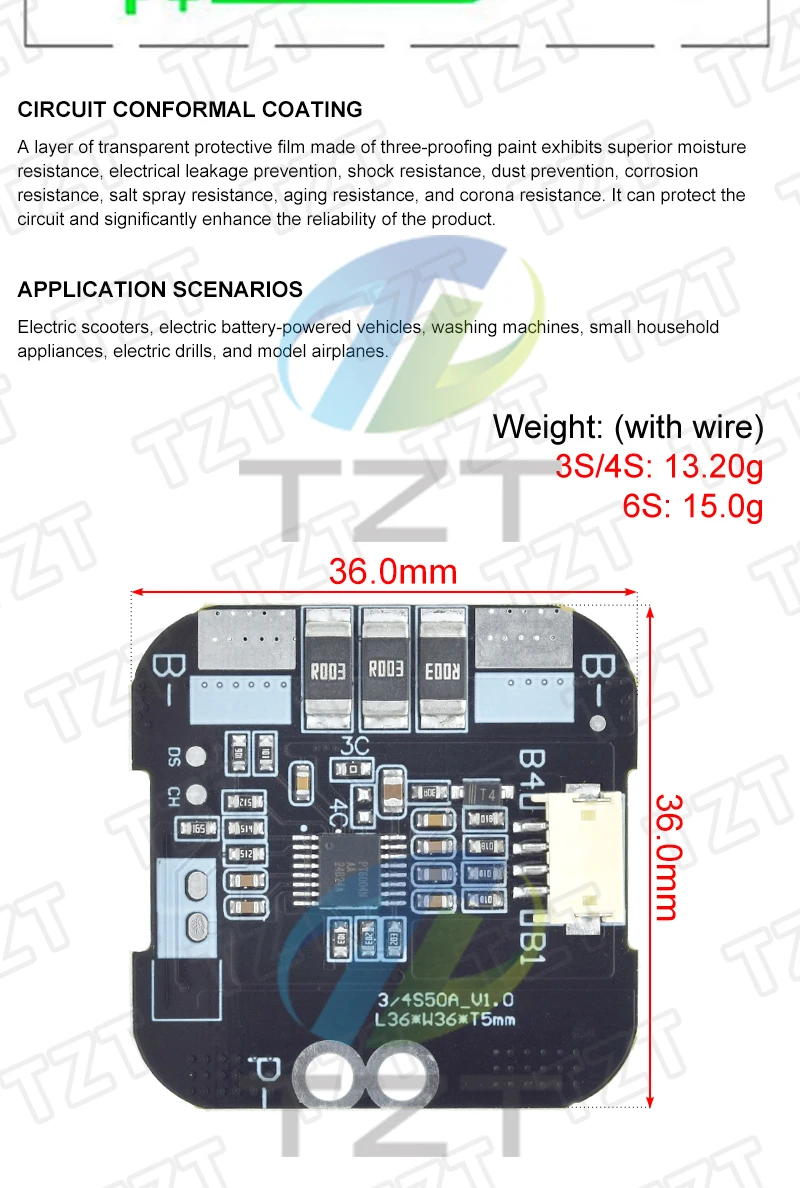 1/3 Stück TZT 3S 4S 6S 12V 16,8V 24V 50A BMS Ternäre Li-Ionen-Lithium-Batterie-Schutzplatine mit Temperaturschutz – Detail 4