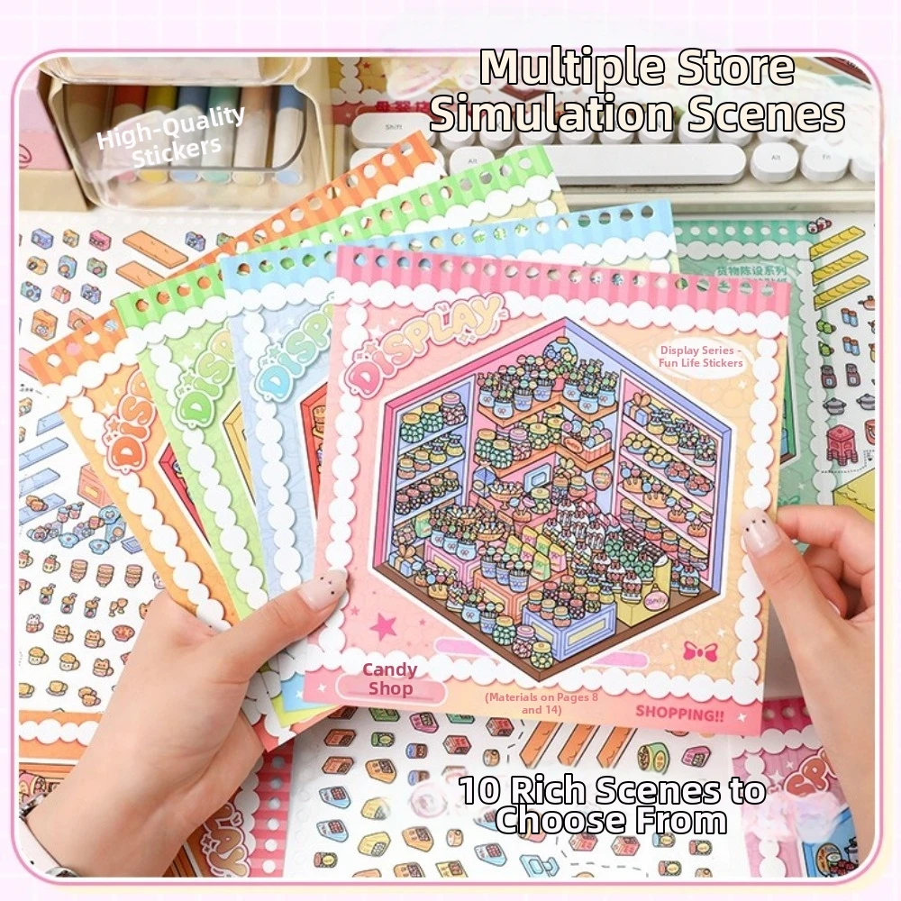 

New Shop Scene Cabin Scene Sticker Large Size PET DIY Sticker Book 10 Scenes 28 Sheets Die Cut Scenery Stickers Children