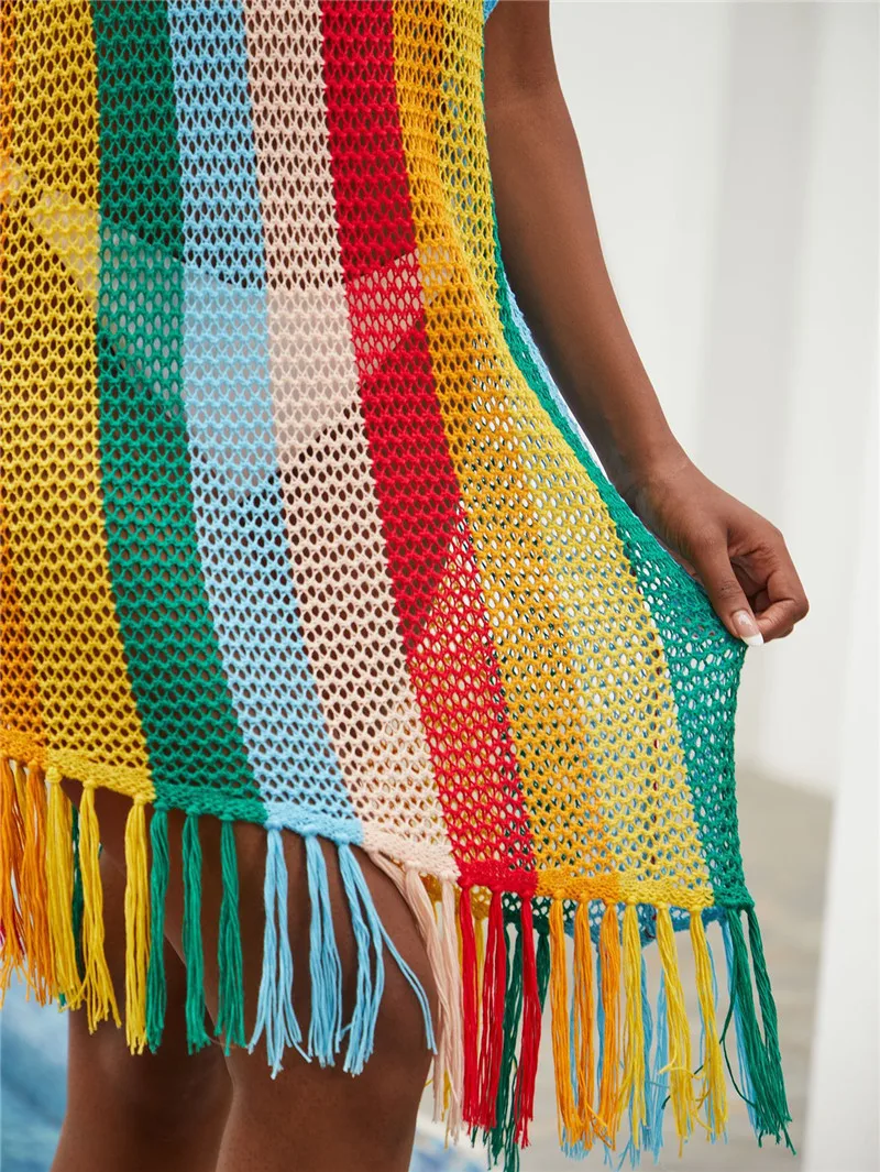 أغطية بيكيني غير رسمية قصيرة الأكمام مزخرفة بشريط قوس قزح للسيدات 2023 ملابس شاطئ صيفية ملابس سباحة لتغطية