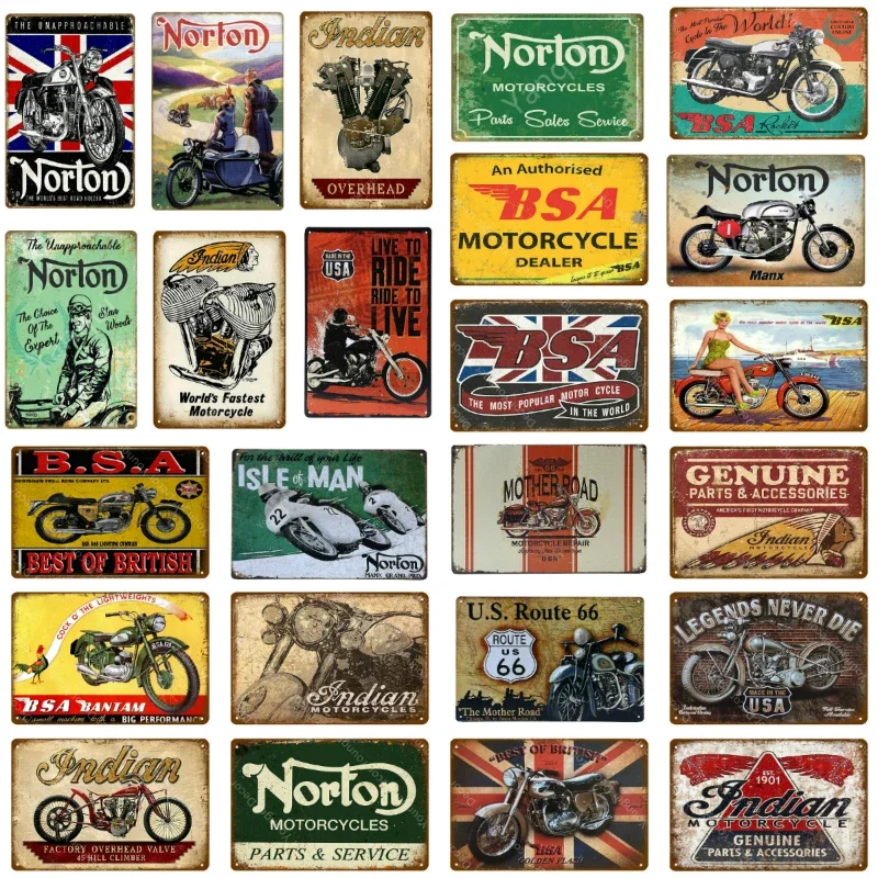 Retro BSA Motorcycles Metal Plate Norton Indian Tin Signs Vintage Metal Poster Garage Decor Club Pub Bar Wall Decoration YJ175