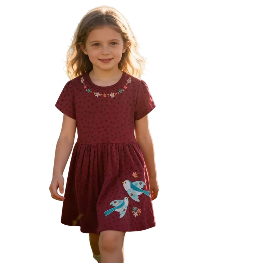 

Jumping Meters Summer Girls Embroidered Bird Short Sleeve Dress Kids Fashion Birthday Party Clothing Children's Dress