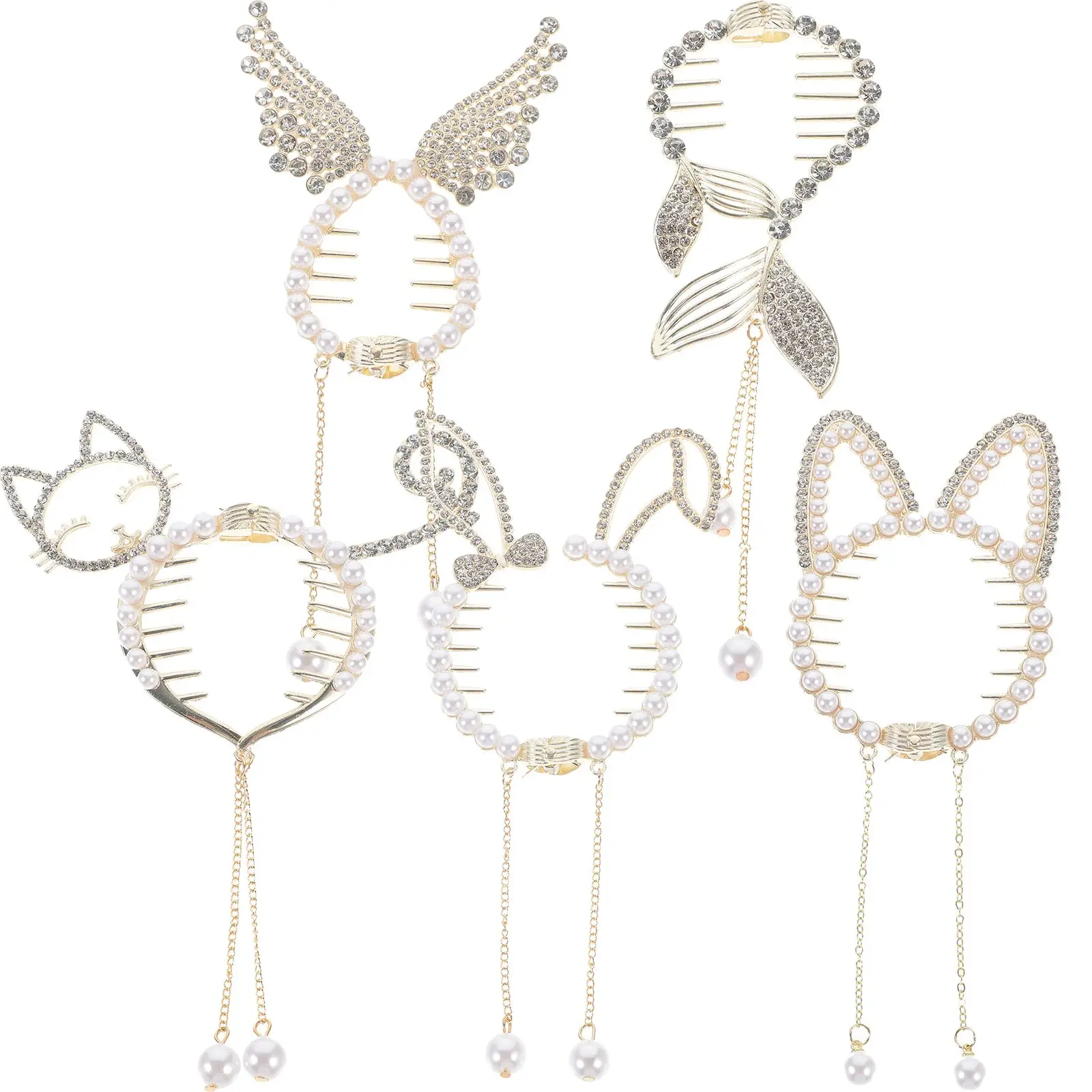 

5 Pcs Hair Clips Accessories Women Girls Round Pearl Tassel Rhinestone Elegant Durable Ponytail Holders Thick Thin Hair Small