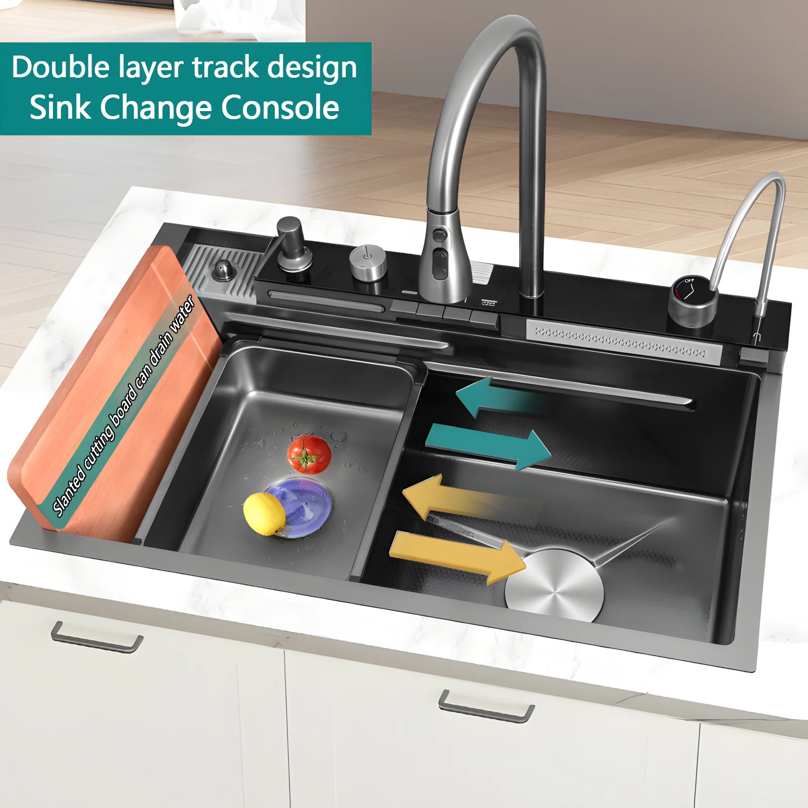 Large Honeycomb Sink 80x45cm Stainless Steel Kitchen Sink with Waterfall Oversized Single Slot Digital Display Dishwashing Basin