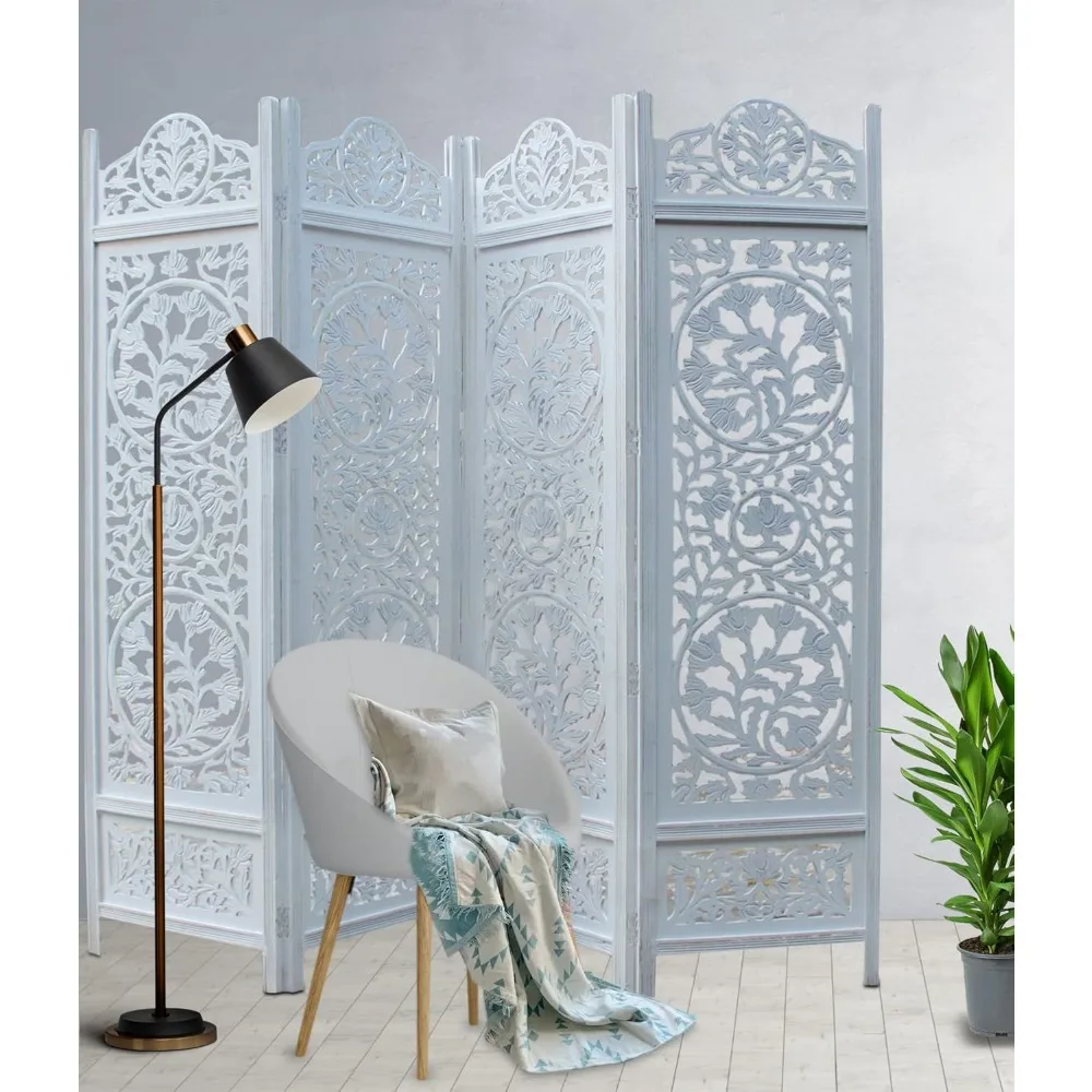 مقسم غرفة قابل للطي مكون من 4 ألواح من القطن مع لمسة نهائية بيضاء عتيقة من Kamal، 72 × 80 - شاشة أرضية خشبية محمولة وقابلة للعكس f #4