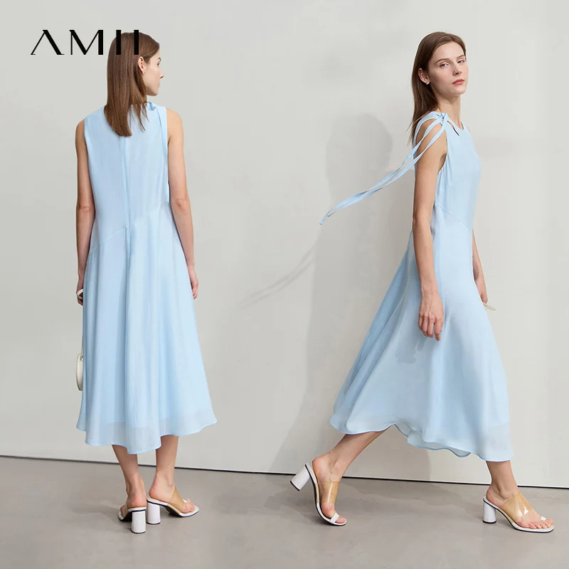 Amii Minimalistisches Berufungskleid für Damen, 2025, Sommer, neue Bürodame, elegante Krawatte, ärmellos, Komfort, Falten, lange Kleider 12542120