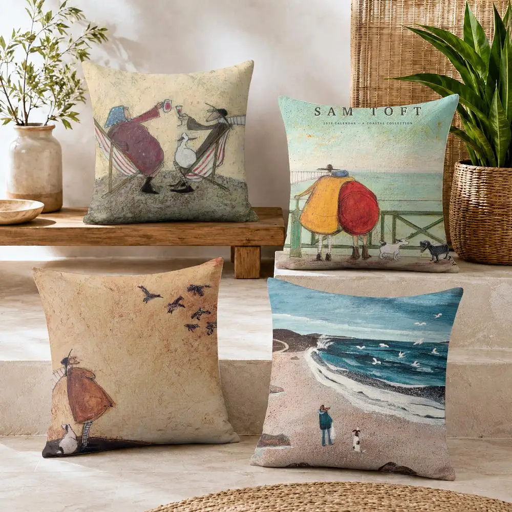 S-Sam Toft Art Retro Cushion Cover Natural Linen Organic Fabric Double-Sided Printing Breathable For Decor