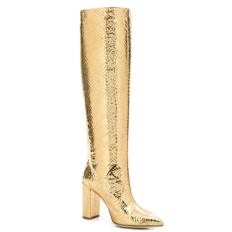 

Faionable Large Size Gold Silver Pointed Toe Thi High Heel Long Boots Winter Faion Boots Women's oes PU Material