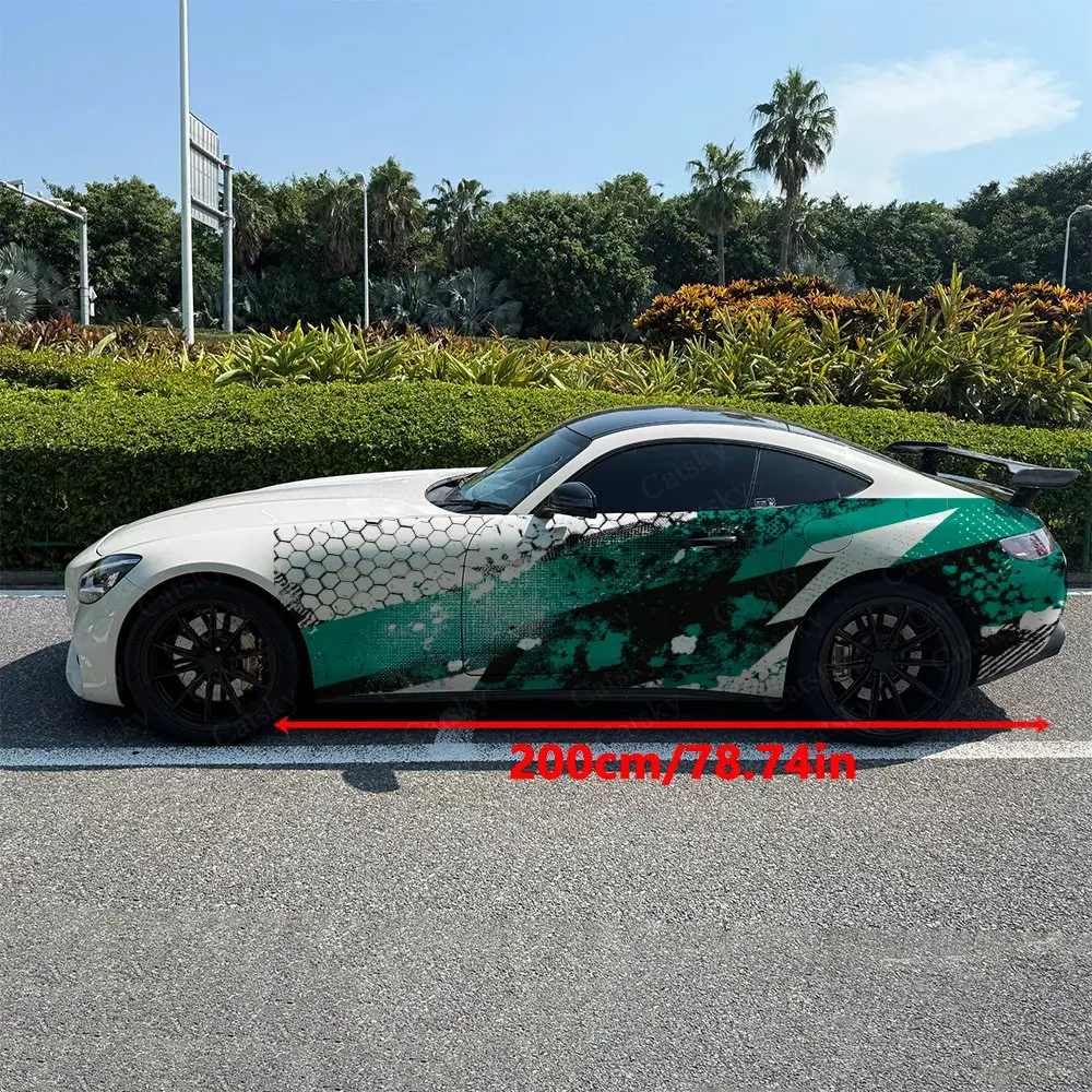 2pcs Teal Green Lightning Honeycomb Car Side Wrap, Self-Adhesive PVC Waterproof & Scratch-Resistant Stickers, Car Accessory Gift