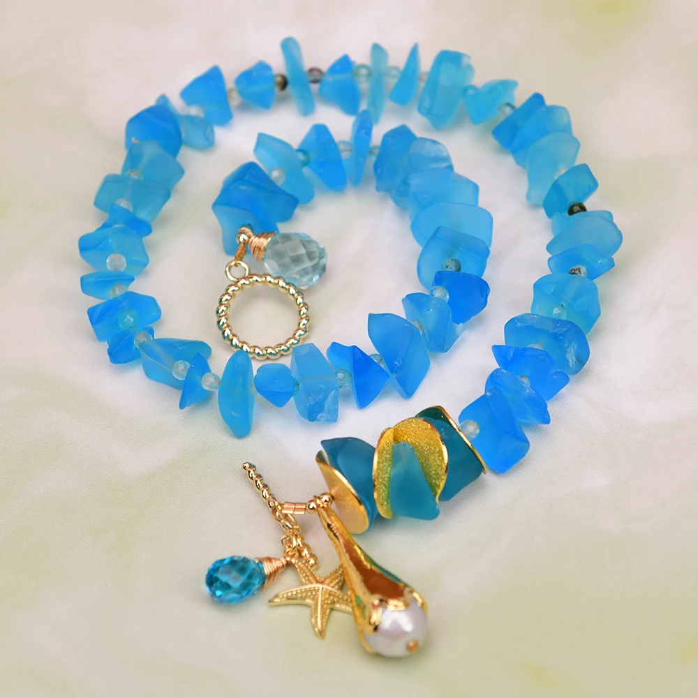 

G-G 19" Natural Blue Glass Quartz Electroplate Gold Color Plated Keshi Pearl Necklace Pendant CZ Starfish Charms For Women