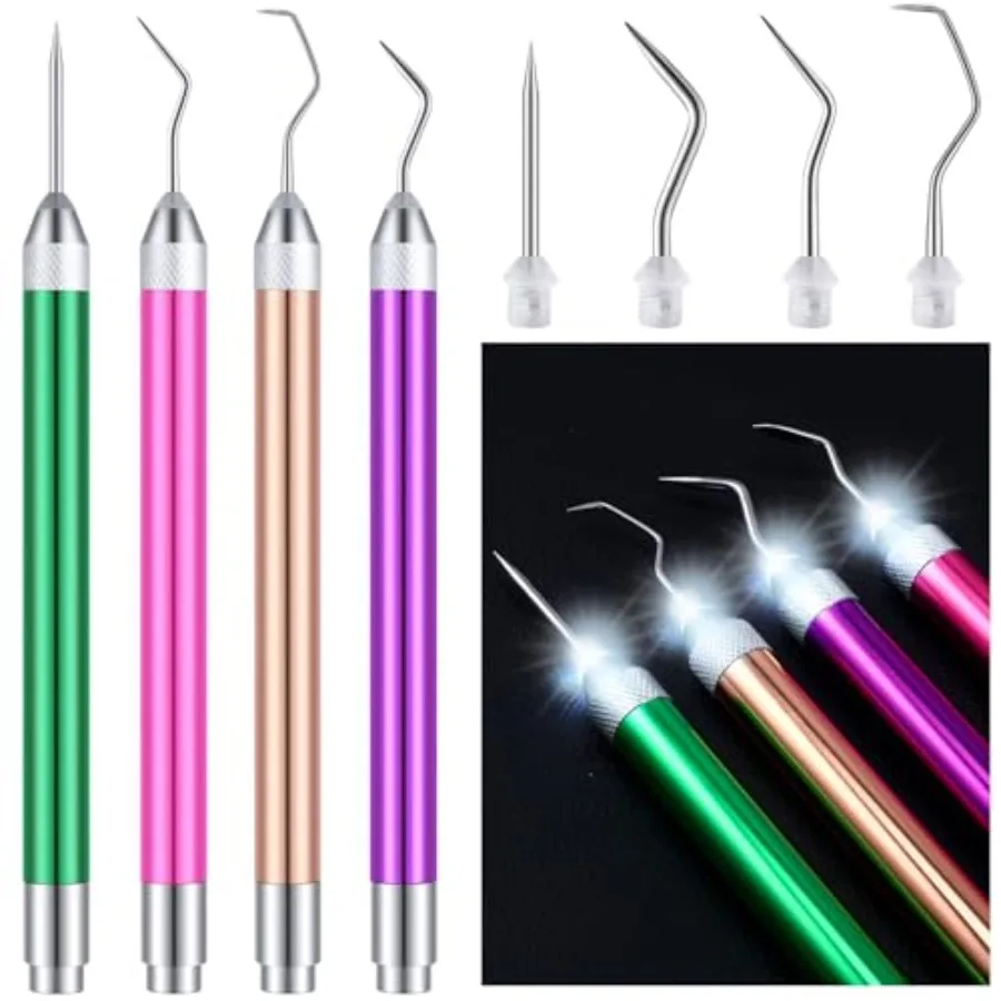 Leriton 4 Pcs LED Weeding Tools for Vinyl with Light Weeding Tool with 5 Different Hooks Lighted Pin Pen Tool for Removing Iron