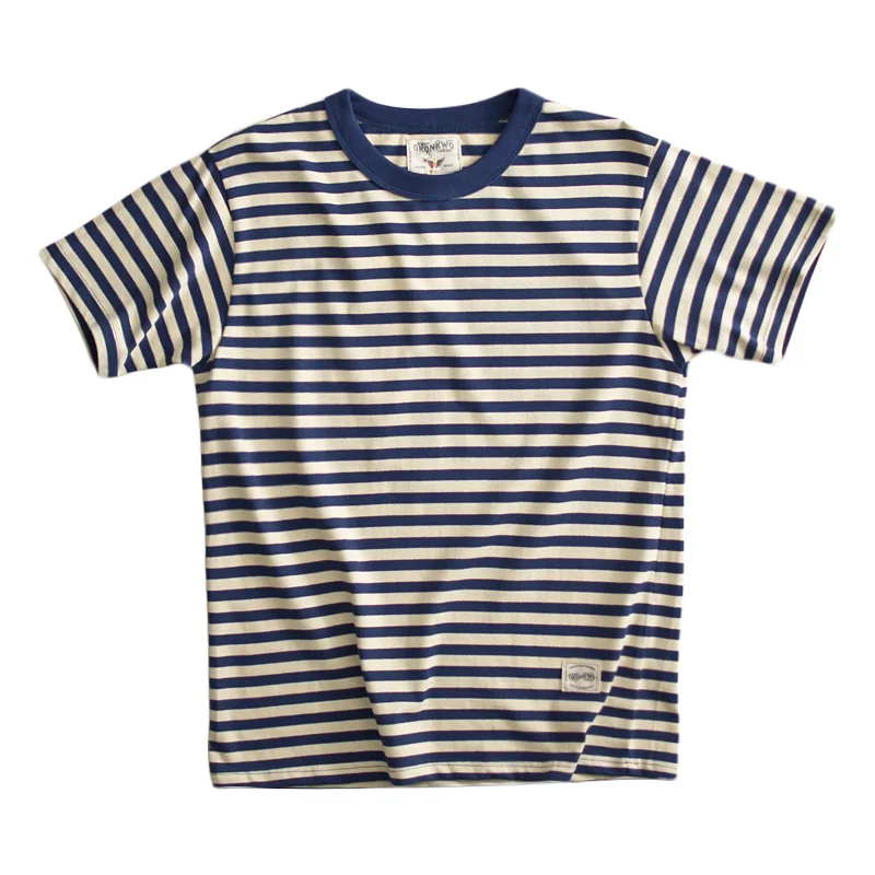 American Vintage Japan Contrasting 100% Cotton Short Sleeve Couple Sea Soul Shirt Blue White Striped T-shirt for Men Y2K Summer