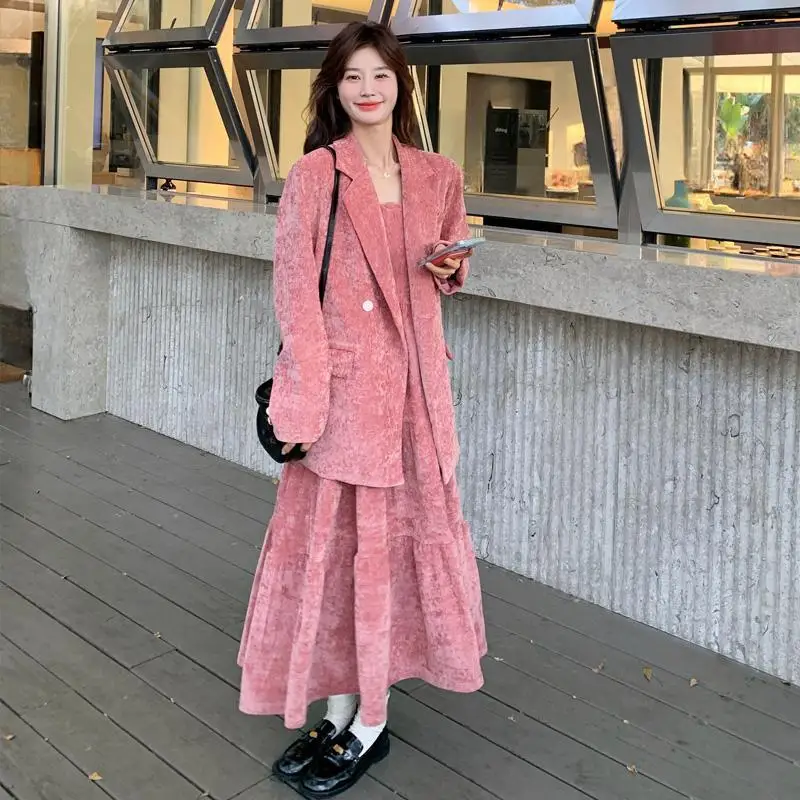 Two-Piece Pink Long-Sleeved Blazer Suspender Dress Women 2025 Spring New High-End Fashion Temperament Set