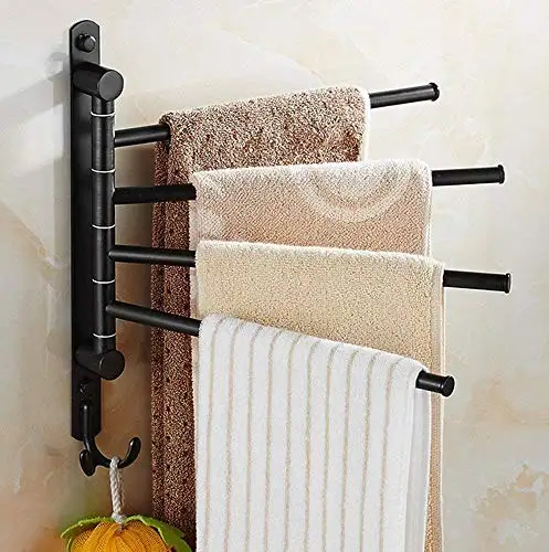 

Matte Black 4-Bar Rotating Wall Towel Holder With Integrated Hooks For Compact Bathroom Storage