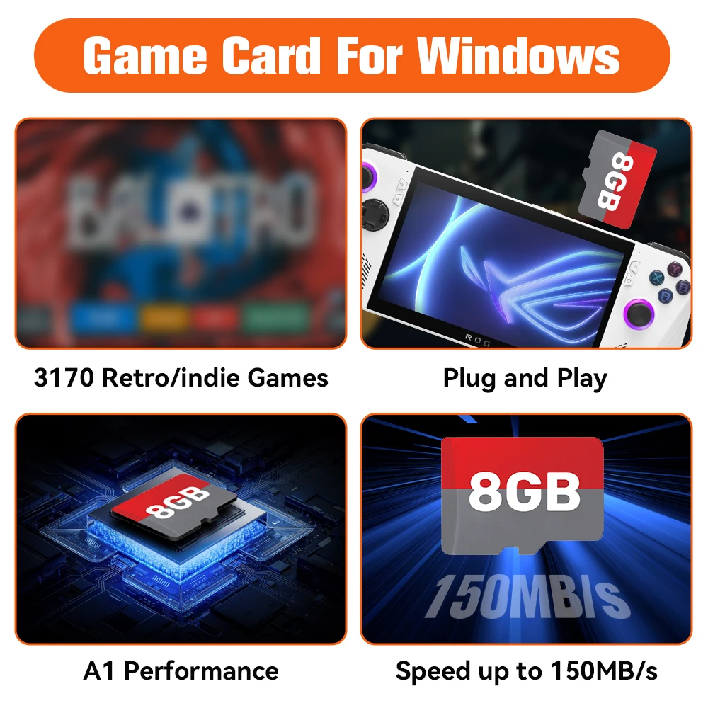 8G Game Card with Retrobat Built-in 3170+ Retro/Indie Games TF Card for PC/ROG ALLY/ROG ALLY X/OneXPlayer/GPD WIN4/Steamdeck