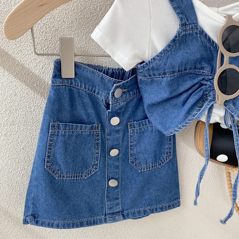 Fashion Baby Girl Denim Clothes Set Strap Vest+Skirt 2PCS Kid Jean Drawing String Crop Top Suit Outfit Baby Clothes 2-10Y