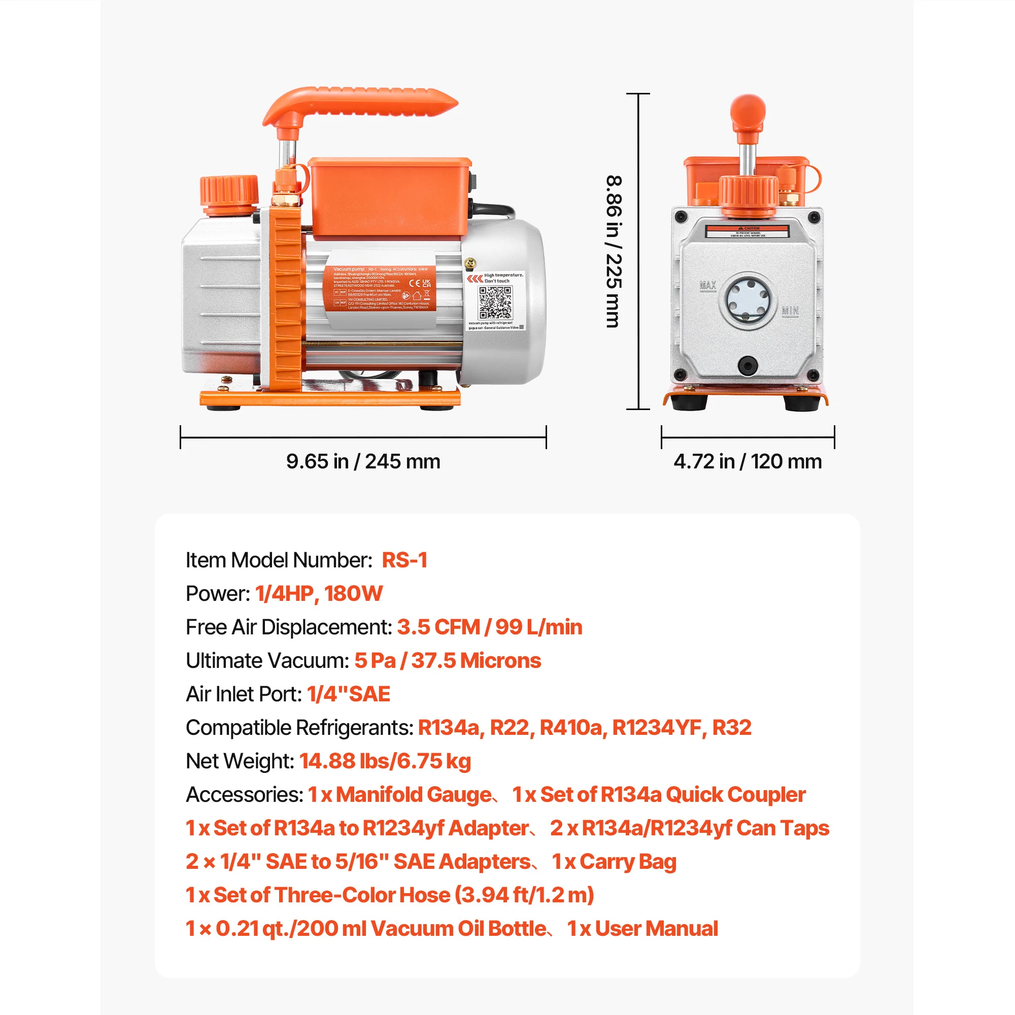 SucceBuy AC Vacuümpomp en Manometerset 3.5CFM 1/4PK / 4.5CFM 1/3PK Enkeltraps of 7CFM 3/4PK Tweetraps voor HVAC Airconditioning