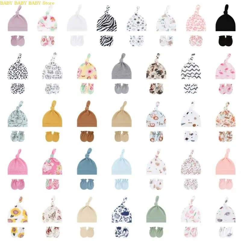 

1 Set Soft Cotton Newborns Baby Hat with Scratch Resist Mittens for Warmth and Safety Fashionable Knotted Hat Headgear