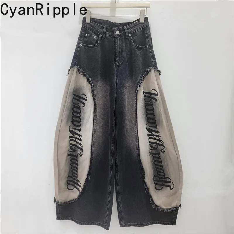 American Personalized Street Dance Jazz Women Denim Pants Spice Girls High Waist Colorblock Letters Wide Leg Straight Jeans