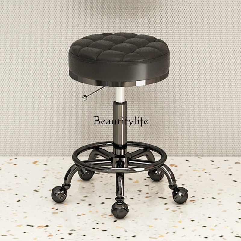 Barber Shop Chair Stainless Steel Bench Spinning Lift round Stool Pulley Hair Cutting Stool