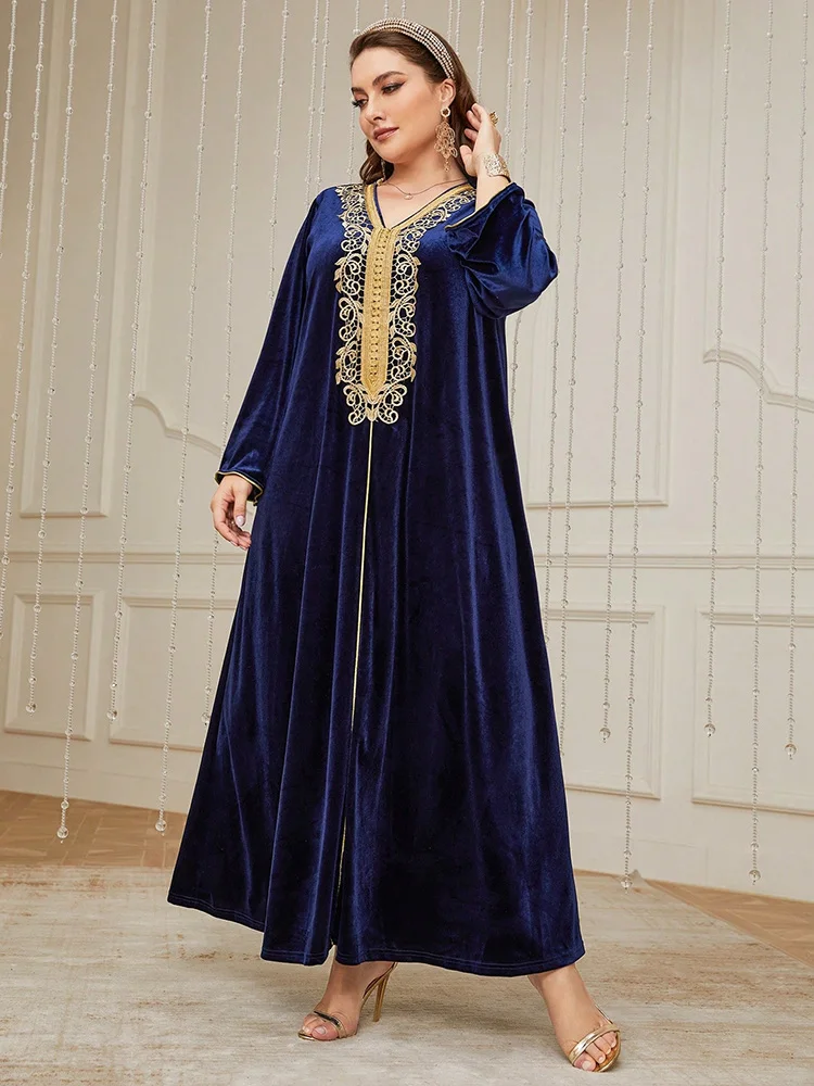 

TOLEEN Women's Plus Size Contrast Lace Tape Velvet Dress 2024 New Autumn Winter Luxury Elegant Abaya Arabian Muslim Maxi Dresses