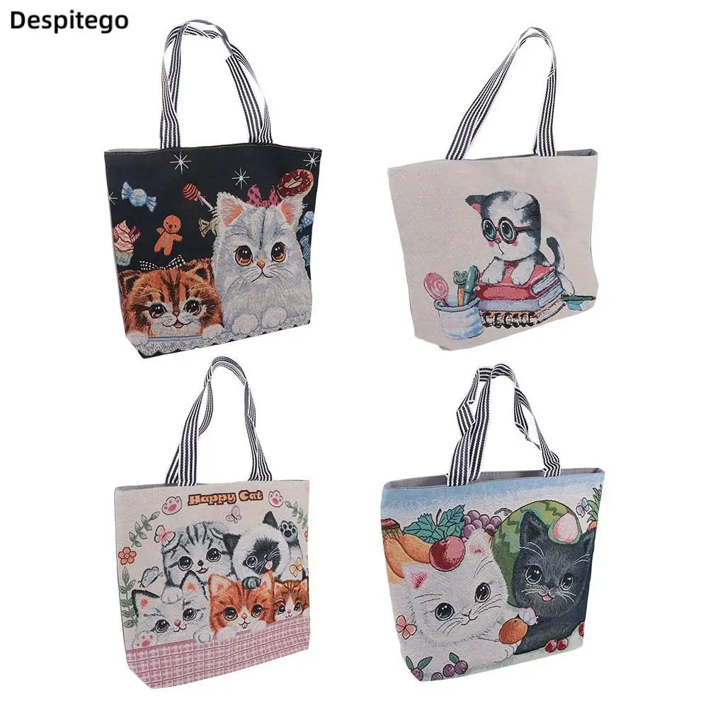 Ethnic Style Handbag Vintage Cute Cat Embroidery Large Capacity Cloth Bag Animal Shoulder Bag Fashion Personality Tote Bag