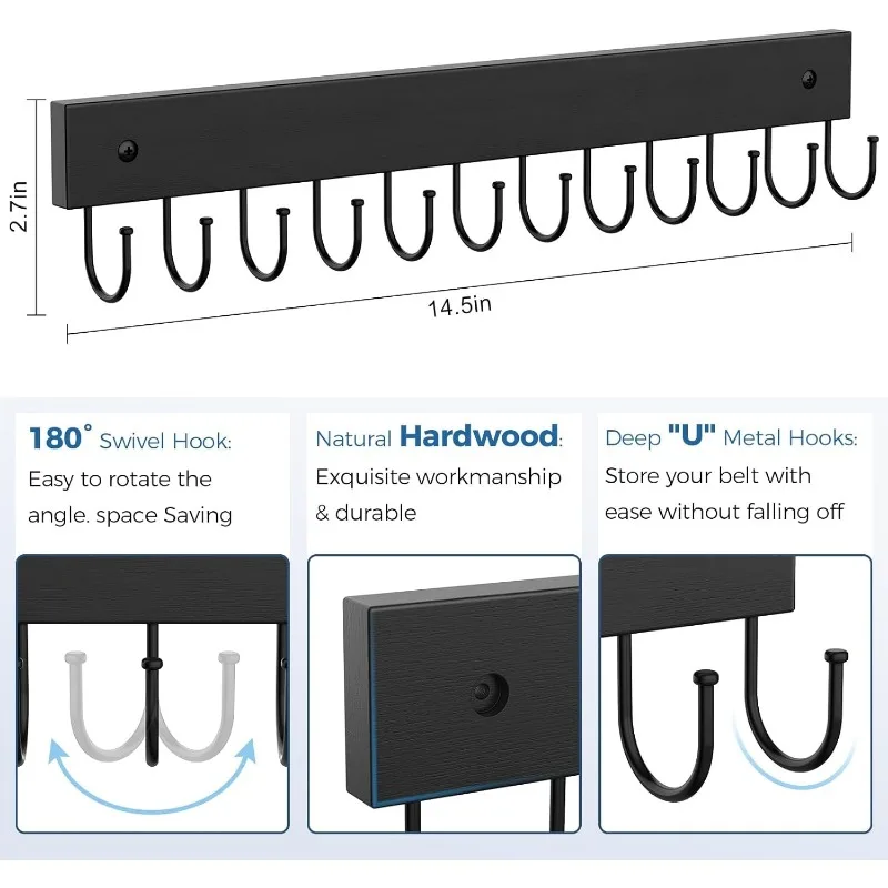 

Belt Hanger Wall Mounted, Wooden Belt Organizer 2 Pack Max 24 Storage Capacity, 180° Rotating Space Saving Hangers for Ties