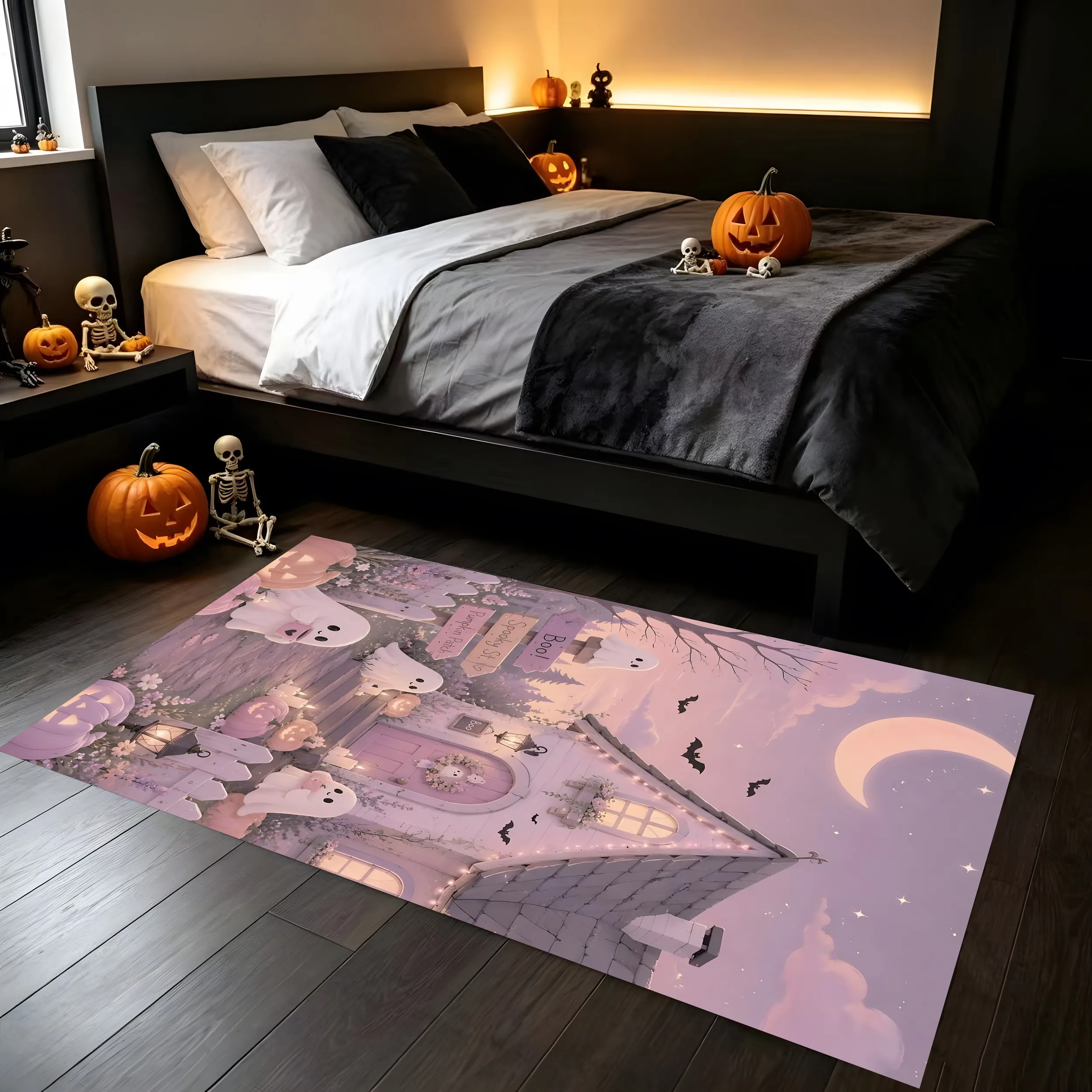 2D Giant Carpet Ghostly Pumpkin House Boo Slogan Dreamy Soft Warm Toned Visually Adorable Healing Halloween Atmosphere
