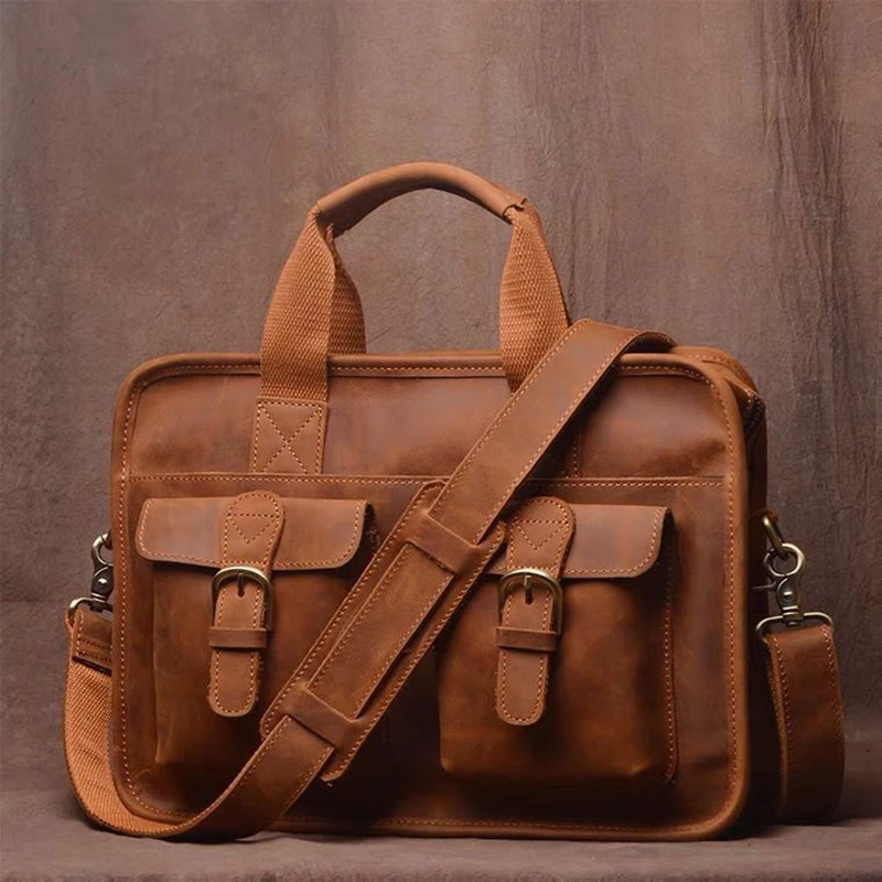 Maleta de couro para homens, couro genuíno, bolsa vintage, bolsa mensageiro de viagem, bolsa para laptop de 14"