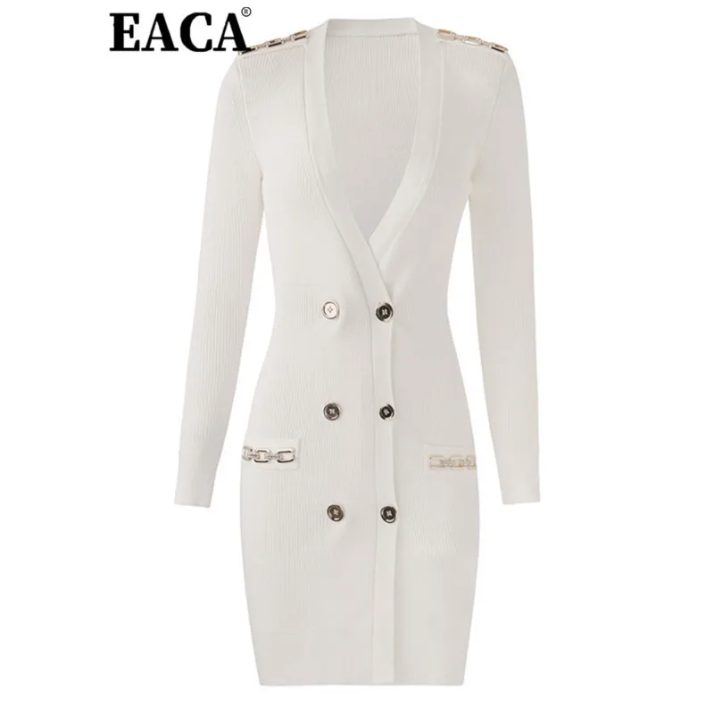 

EACA Temperament Solid Color White 2025 Knitted Medium Length Skirt Metal Chain Decoration V-neck Slim Fit Long Sleeve Bottom