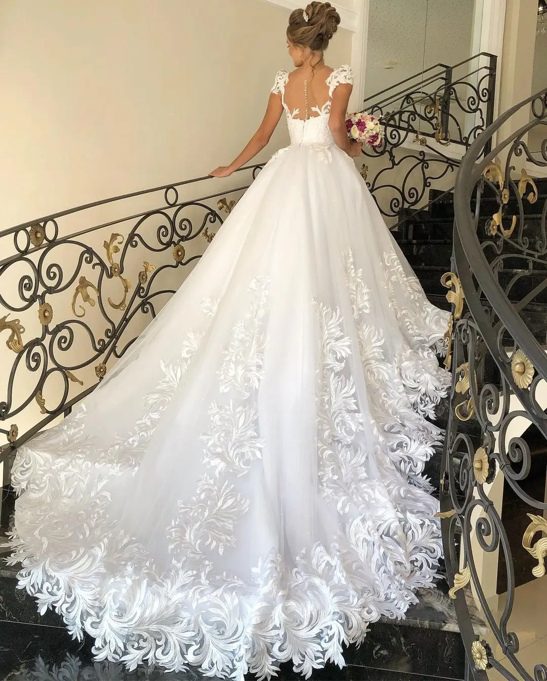 Elegante Vestido de novia Línea A, cuello en V, manga corta, con apliques florales, 2022