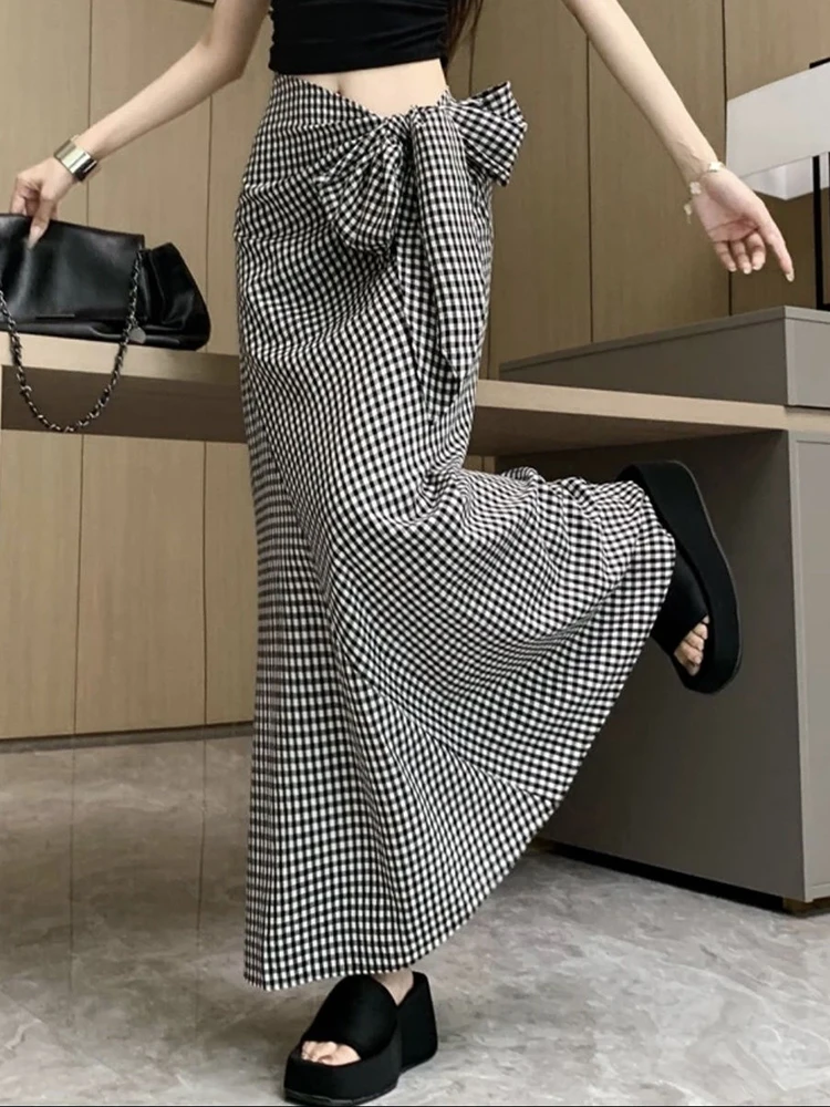 Jmprs Elegant Plaid Long Skirt Women Vintage Sweet Lace Up French Skirts Casual Retro Summer Female Design A Line Long Skirt New