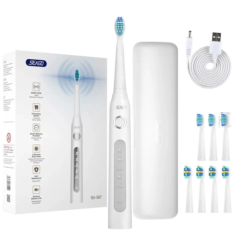 Seago 507 Electric Toothbrushes New Version with 8 Brush Heads 5 Modes 2 Mins Timer Rechargeable Sonic Tooth Brush for Adults