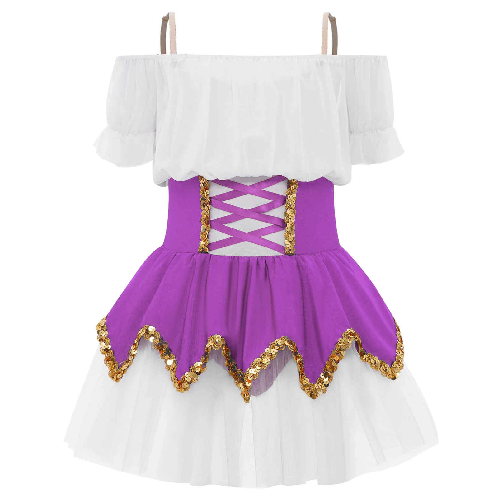 

Kids Girls Fairy Tale Costume Carnival Cosplay Party Dress Roleplay Dress Up Off-Shoulder Ruffled Short Sleeve Puffy Mesh Skirt