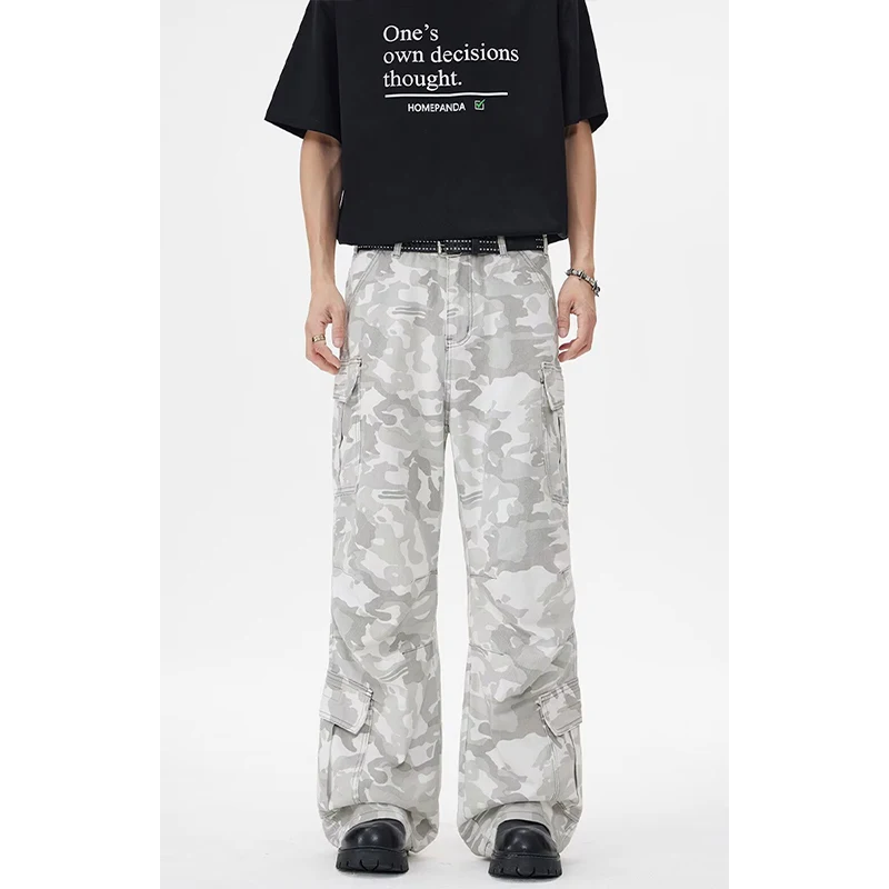 KEQI Summer Men's Jeans High Waist Baggy Casual Vintage Y2K Camouflage Straight Pants Street American Wide Leg Denim Trouser