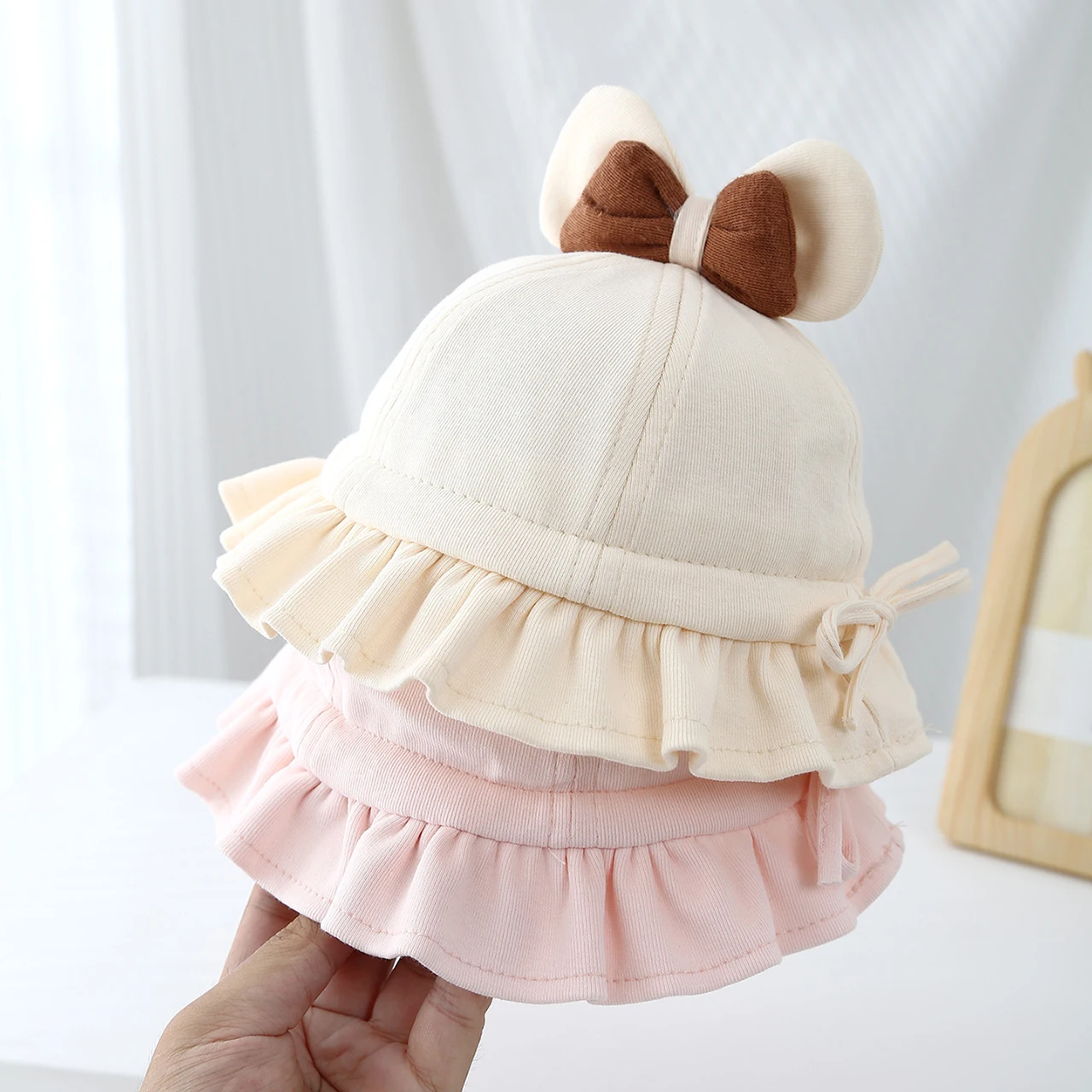 

0-8Month Baby Drawstring Fisherman Hat Sweet Girl Bowknot Basin Cap Spring Summer Sun Hats Princess Kids Ruffle Brim Bucket Hats