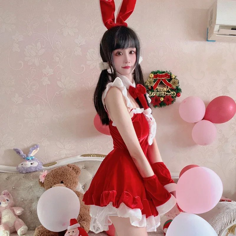 Anime Halloween Bunny Cosplay Costumes Soft Velvet Sweetheart Lolita Princess Dress Christmas School Girl Maid Role Play Outfits