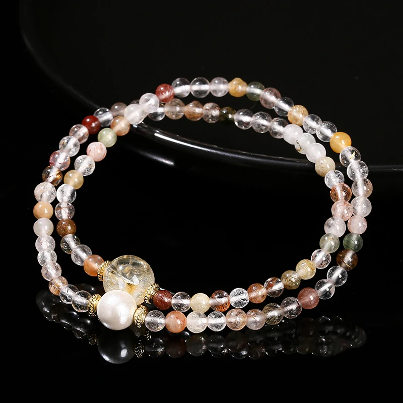 JD Natural Multicolor Rutilated Quartz Citrine Shell Bead 2-Layer Strand Bracelet Women Genuine Crystal Stone Design Bangles