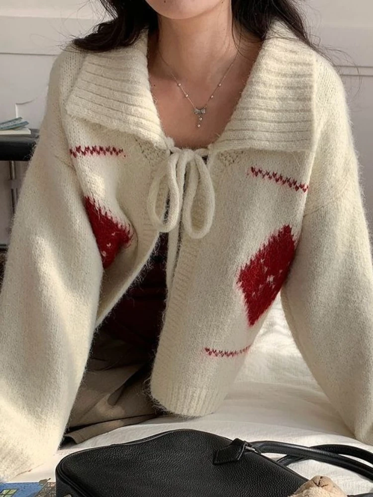 

Korobov Korean Vintage Fashion Turn Down Collar Long Sleeve Loose Lace up Argyle Knitted Cardigan