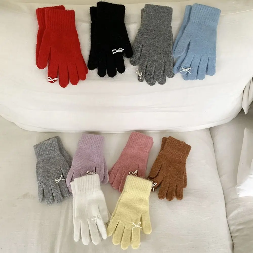 Guantes de punto con lazo de perlas para mujer, mitones de lana cálida, Color caramelo, Color sólido, pantalla táctil, Kawaii, Invierno