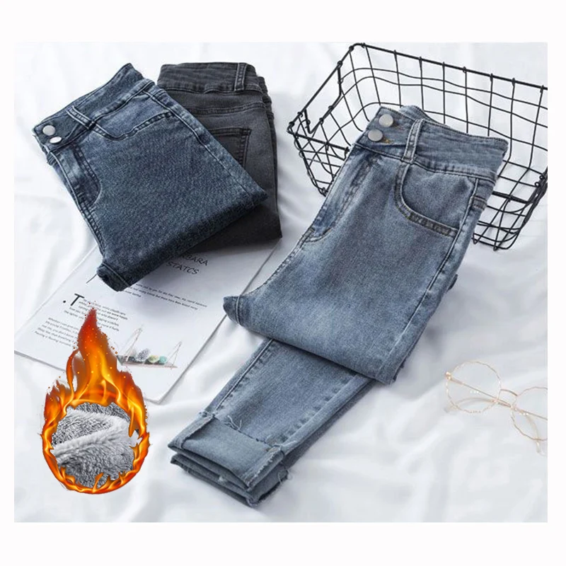 Winter Girls Retro Designer Plush Thermal Jeans Female Snow Warm High Waist Denim Trousers Lady Korean Fleece Casual Pants