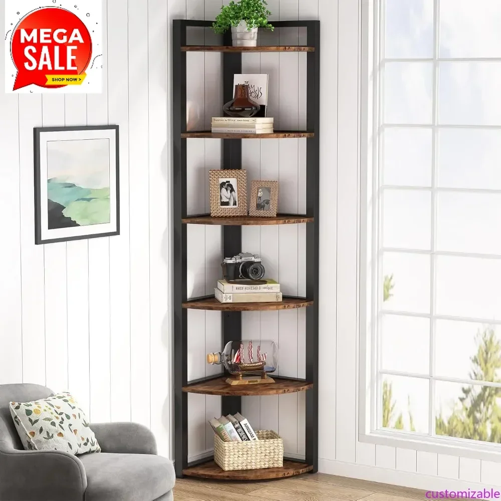 Hot-sellingCustomizable 6 Tier Corner Shelf, 70.9 Inch Tall Corner Bookshelf Small Bookcase Rustic Corner Shelving Unit Storage