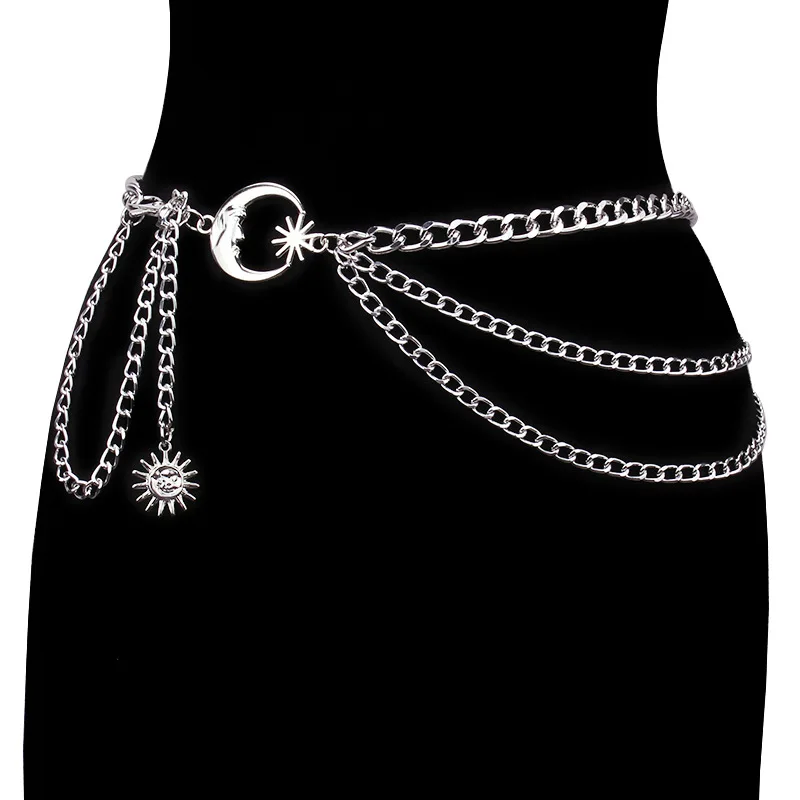 Gothic Punk Multi Layered Waist Chain For Women Sun Moon Charm Metal Body Chain Fashion Y2k Decorative Belt For Dress Blazer Par