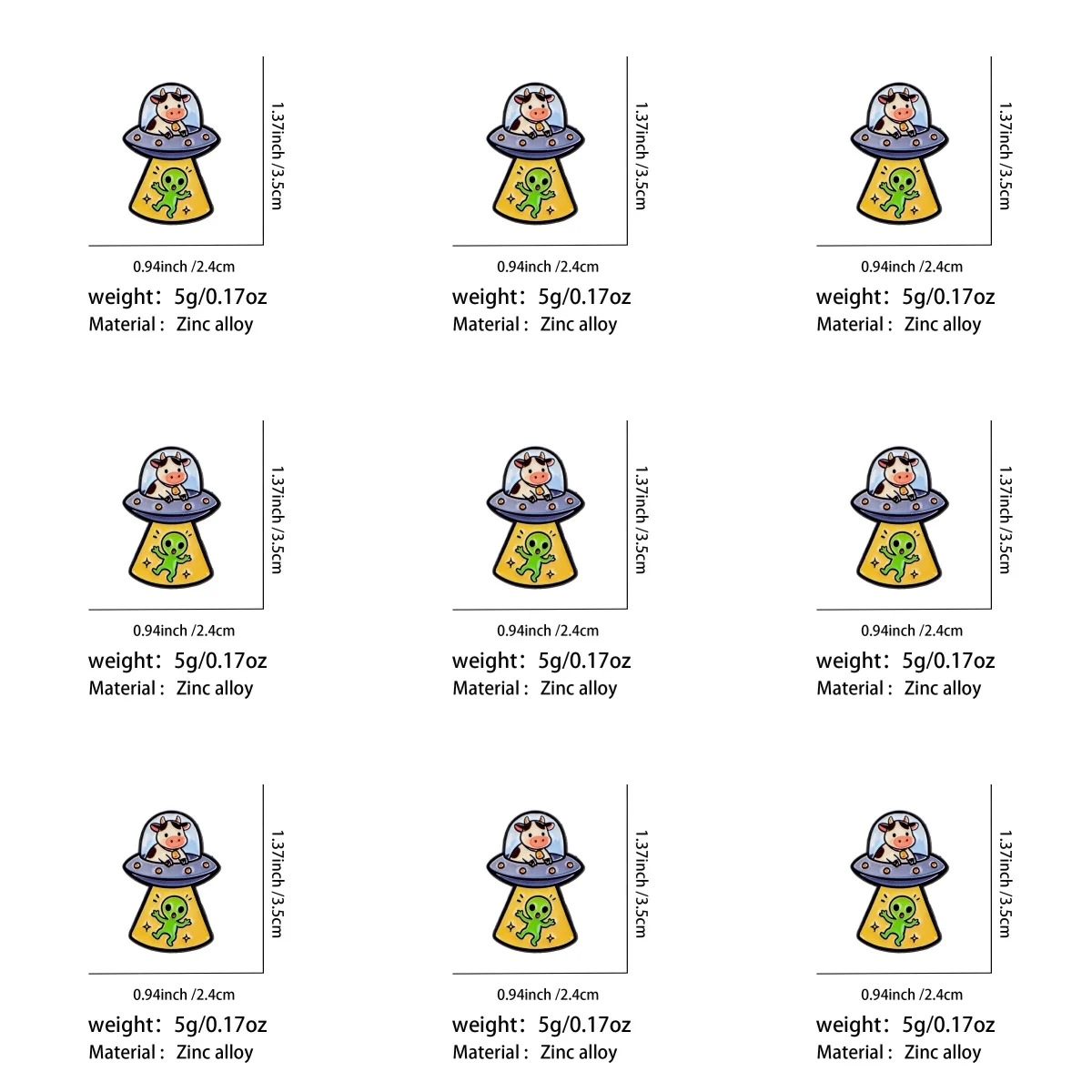 9 Stück Niedliche Kuh im UFO-Raumschiff Emaille-Pin Lustige Grüne Alien-Anstecknadel Cartoon-Tier-Abzeichen Weltraum-Thema Schmuckgeschenk – Detail 1