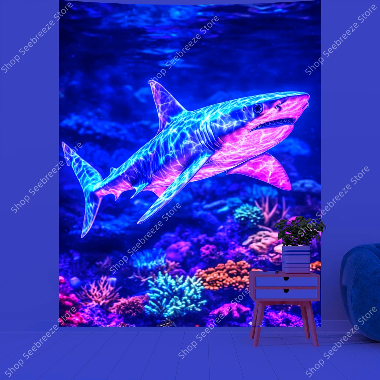 Animal Tapestry Psychedelic Shark UV Reactive Tapestry Wall Hanging for Hippie Room Decor Aesthetics Beach Towel Gift for Friend