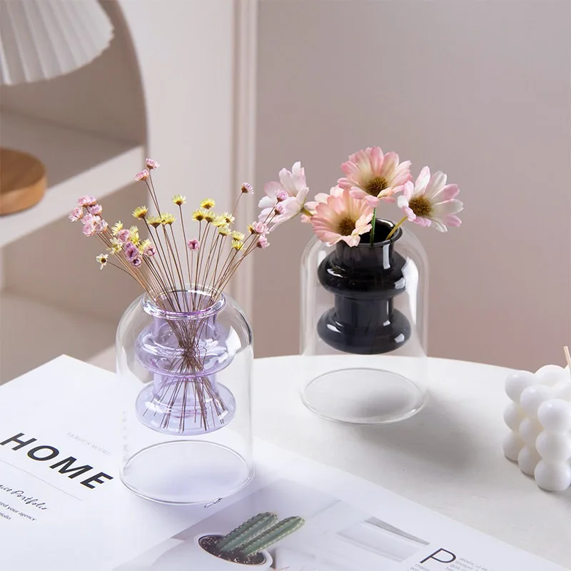 Colorful Glass Vase Double-layer Nordic Terrarium Hydroponic Systems Flower Bottle Home Decoration Accessories