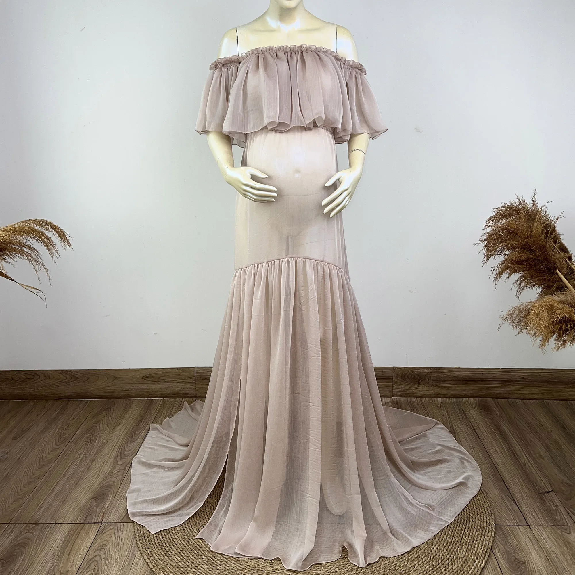 Don&Judy Tulle Maternity Photography Props Dress See Through Pregnant Moms Photo Shoot Accessories Mauve Color Long Dress 2023