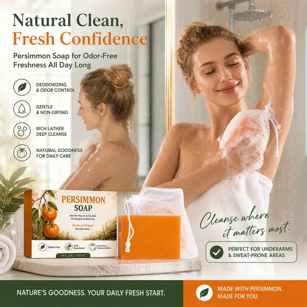 Persimmon & Green Tea Deodorant Soap Bar | Natural Handmade Face & Body Wash for Odor Removal & Refreshing Bath Care