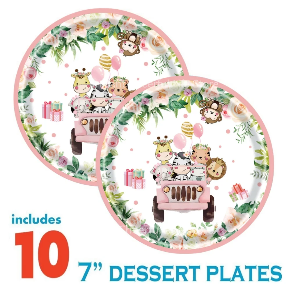 Dschungel Safari Party Dekorationen rosa Tier druck Geschirr Set Pappbecher Teller Servietten Baby party Kinder Geburtstags feier Lieferungen – Detail 7