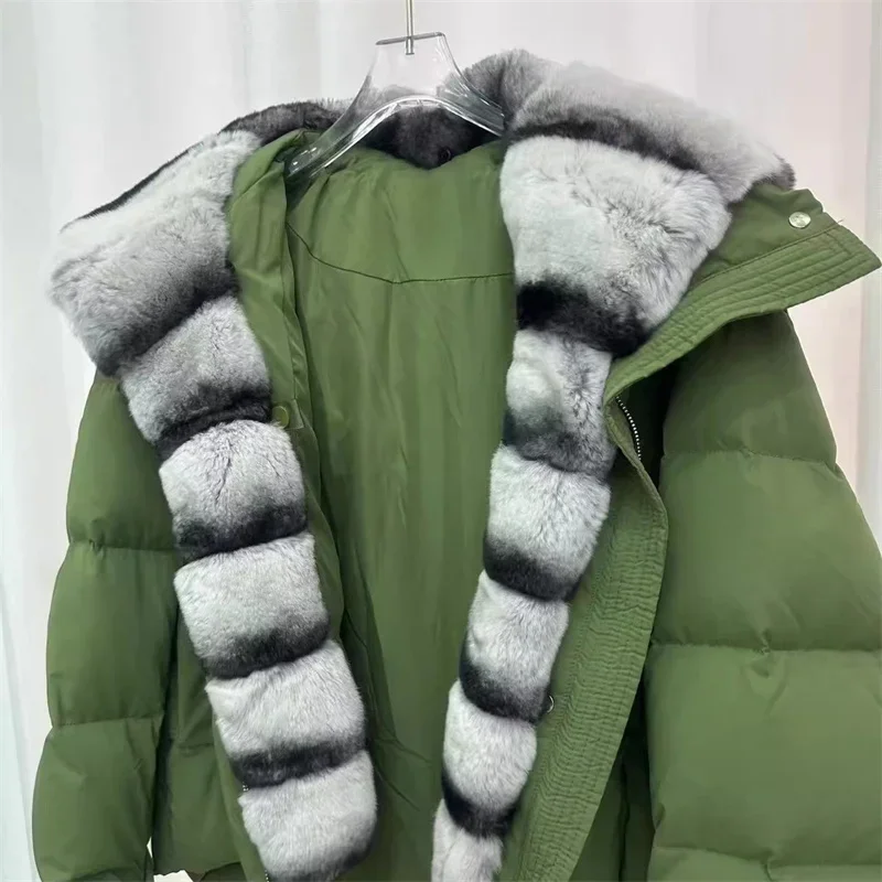 Women's winter jacket 2025 New detachable rabbit fur collar hooded down jacket White duck down filled down coats warm thick coat