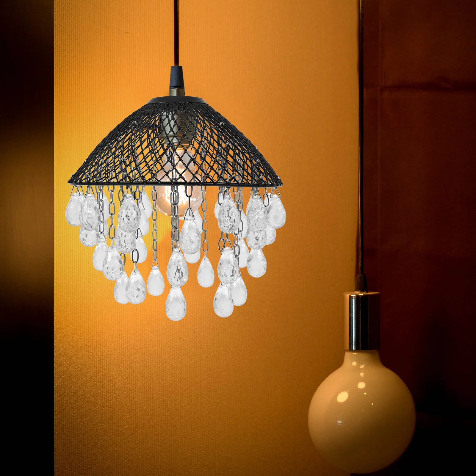 

Vintage Iron Hollow Oval Pendant Lamp Shade Crystal Acrylic Water Drop Lampshade Shell for Living Room Dining Bedroom Decorative